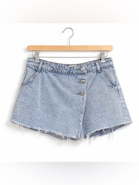 ZARA Denim Skort Wrap Light Wash Frayed Hem High Rise